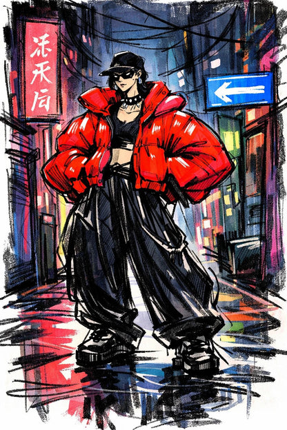 Example output from the Quirky Fashion Character Illustrations ChatGPT prompt: a sketch-style fashion illustration of a streetwear model in an oversized red puffer jacket on a neon-lit street.