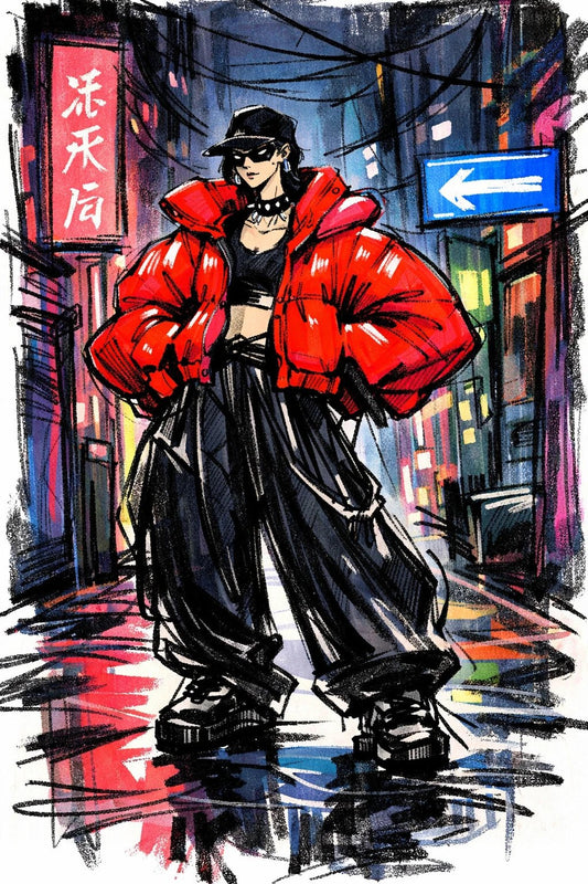 Example output from the Quirky Fashion Character Illustrations ChatGPT prompt: a sketch-style fashion illustration of a streetwear model in an oversized red puffer jacket on a neon-lit street.
