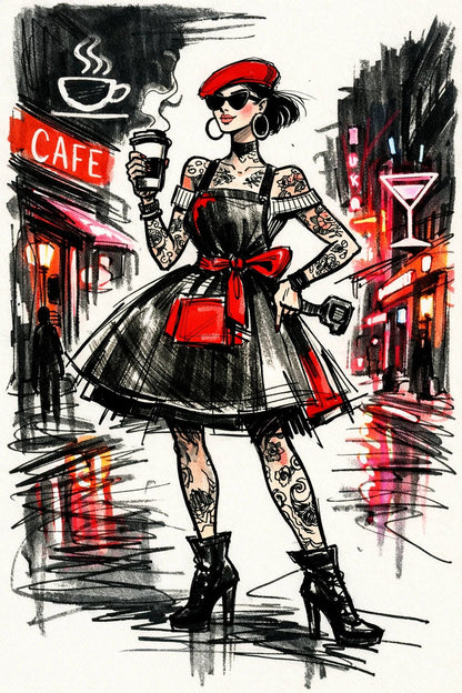 Example output from the Quirky Fashion Character Illustrations ChatGPT prompt: a tattooed barista fashion illustration with exaggerated silhouette, loose sketch strokes and an urban graphic background.