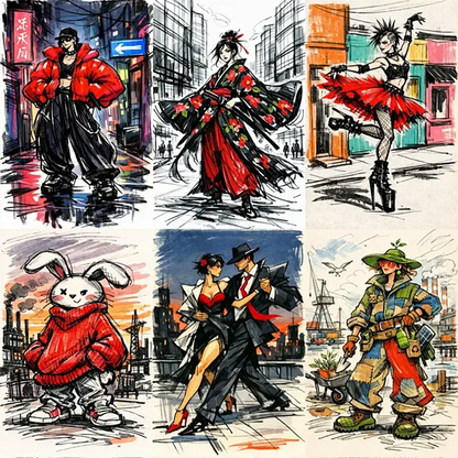 Example output from the Quirky Fashion Character Illustrations ChatGPT prompt: a six-panel grid of loose ink-and-marker fashion illustrations with exaggerated silhouettes and red accents, showing a streetwear model, kimono figure, ballet punk, rabbit character, dancing couple and eco worker.