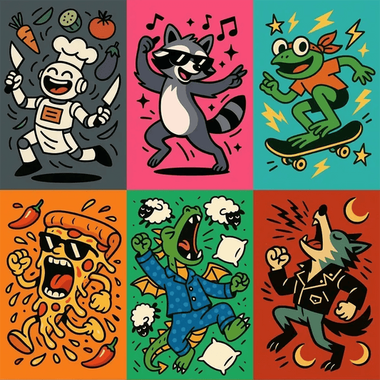 Example output from the Quirky Flat Vector Designs ChatGPT prompt: playful vector-style illustrations of expressive characters in motion, with bold outlines, vibrant backgrounds, and energetic surrounding elements like lightning bolts, stars, and music notes.