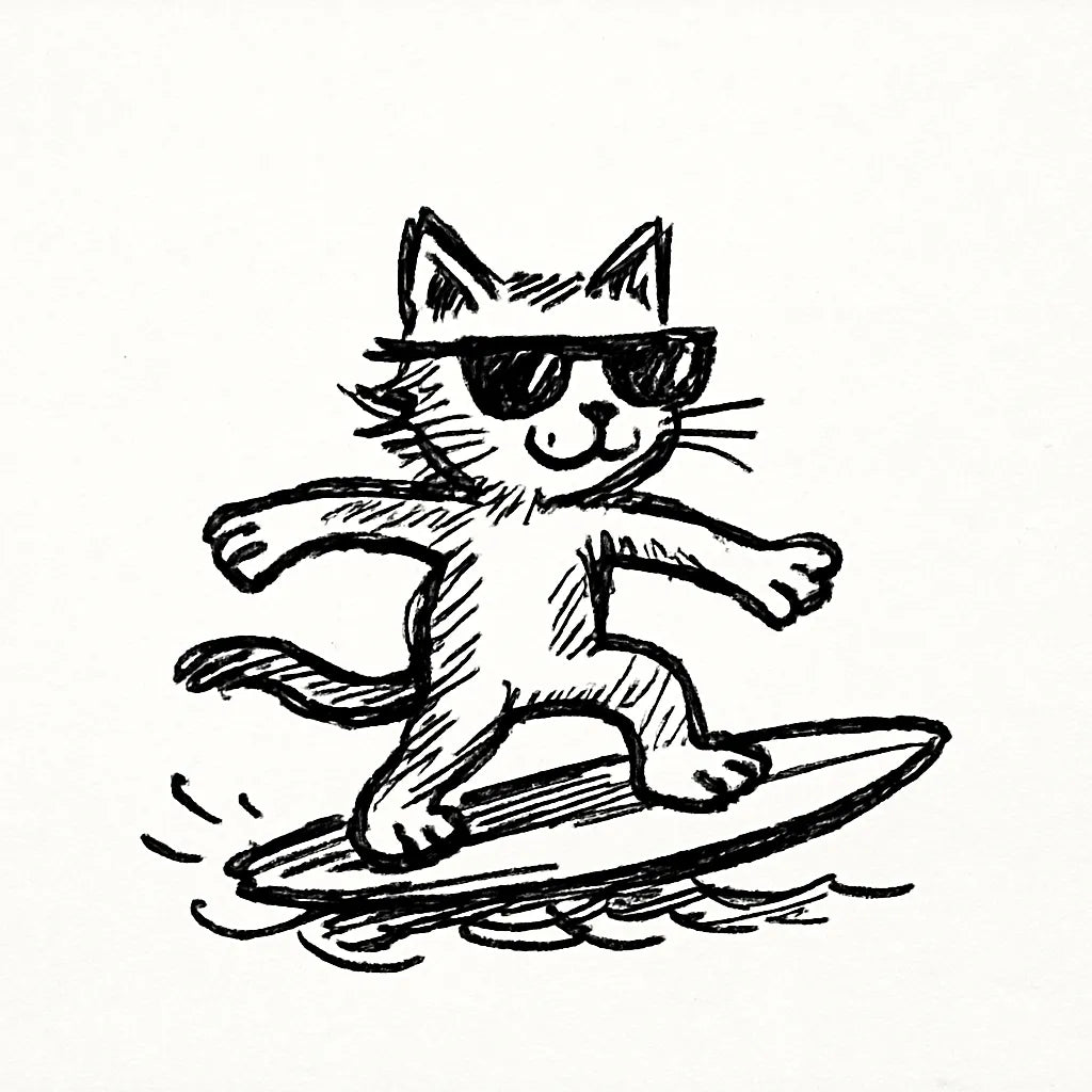 Example output from the Quirky Pen And Ink Sketch Doodles ChatGPT prompt: Cat Surfing