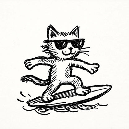 Example output from the Quirky Pen And Ink Sketch Doodles ChatGPT prompt: Cat Surfing