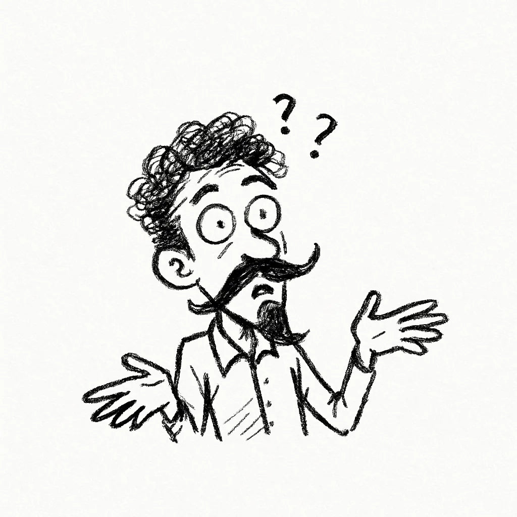 Example output from the Quirky Pen And Ink Sketch Doodles ChatGPT prompt: Man Confuse