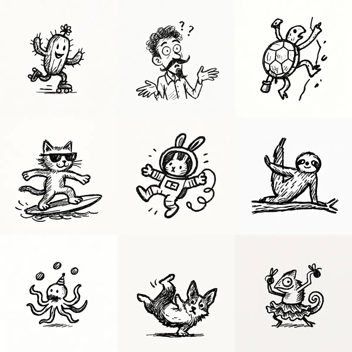Example output from the Quirky Pen And Ink Sketch Doodles ChatGPT prompt: minimalist black ink doodles of playful characters in dynamic poses, rendered with bold linework, uneven textures, and whimsical notebook-style charm.