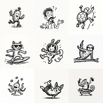 Example output from the Quirky Pen And Ink Sketch Doodles ChatGPT prompt: minimalist black ink doodles of playful characters in dynamic poses, rendered with bold linework, uneven textures, and whimsical notebook-style charm.