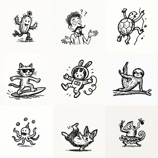Example output from the Quirky Pen And Ink Sketch Doodles ChatGPT prompt: minimalist black ink doodles of playful characters in dynamic poses, rendered with bold linework, uneven textures, and whimsical notebook-style charm.