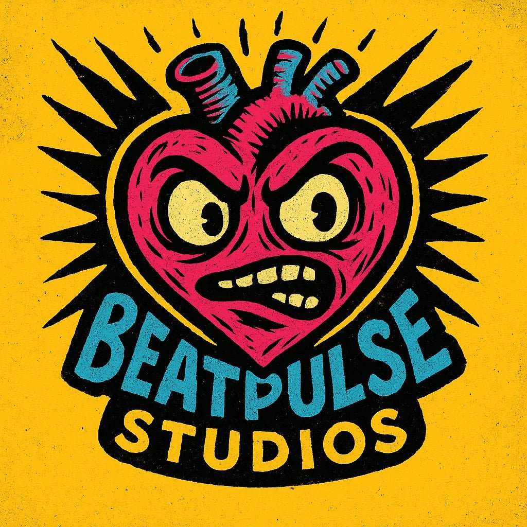 Example output from the Quirky Punk Mascot Emblem Logo ChatGPT prompt: neon-punk logo designs with cartoon mascots. BeatPulse Studios.