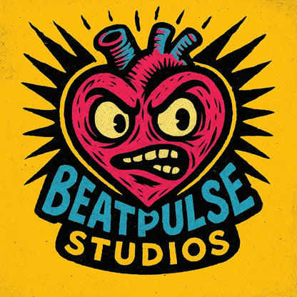Example output from the Quirky Punk Mascot Emblem Logo ChatGPT prompt: neon-punk logo designs with cartoon mascots. BeatPulse Studios.