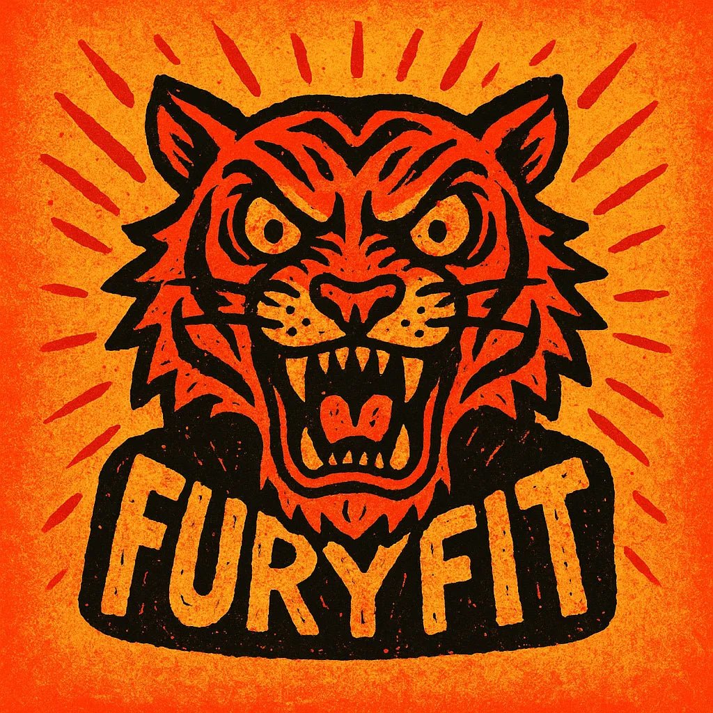 Example output from the Quirky Punk Mascot Emblem Logo ChatGPT prompt: neon-punk logo designs with cartoon mascots. FuryFit.