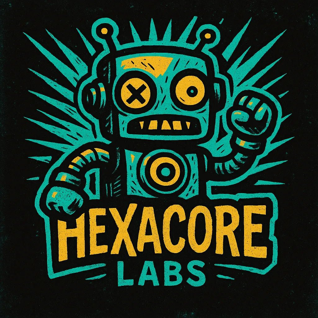 Example output from the Quirky Punk Mascot Emblem Logo ChatGPT prompt: neon-punk logo designs with cartoon mascots. Hexacore Labs.