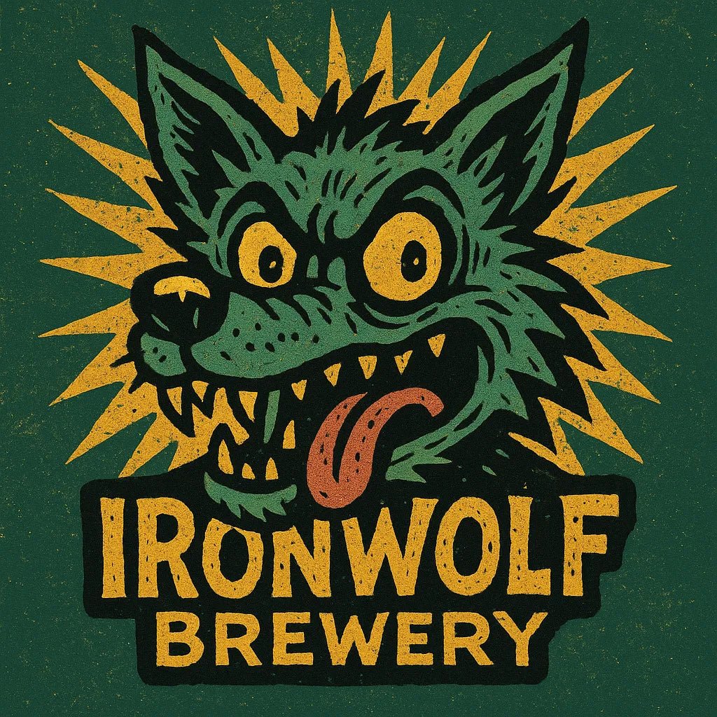 Example output from the Quirky Punk Mascot Emblem Logo ChatGPT prompt: neon-punk logo designs with cartoon mascots. IronWolf Brewery.