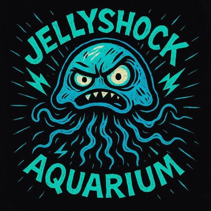 Example output from the Quirky Punk Mascot Emblem Logo ChatGPT prompt: neon-punk logo designs with cartoon mascots. Jellyshock Aquarium.