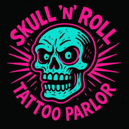 Example output from the Quirky Punk Mascot Emblem Logo ChatGPT prompt: neon-punk logo designs with cartoon mascots. Skull n Roll Tattoo Parlor.