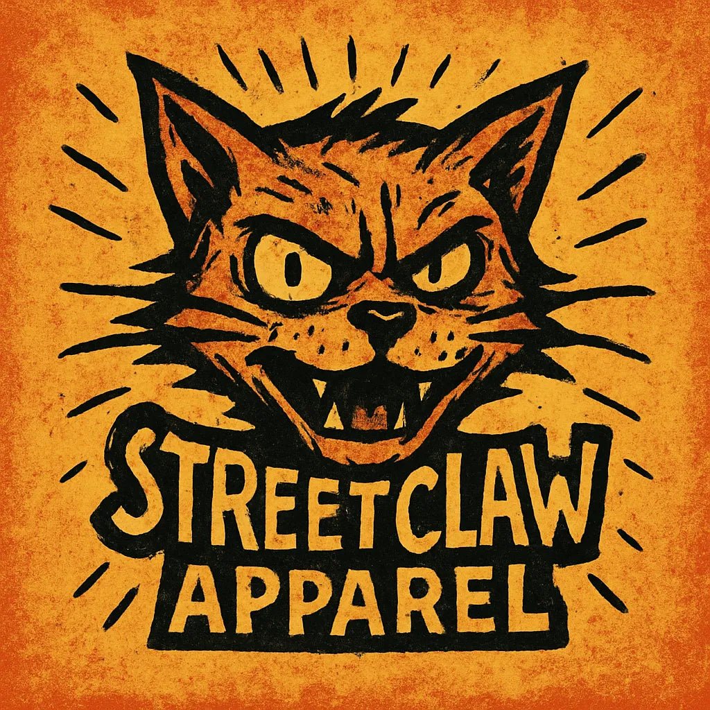 Example output from the Quirky Punk Mascot Emblem Logo ChatGPT prompt: neon-punk logo designs with cartoon mascots. StreetClaw Apparel.