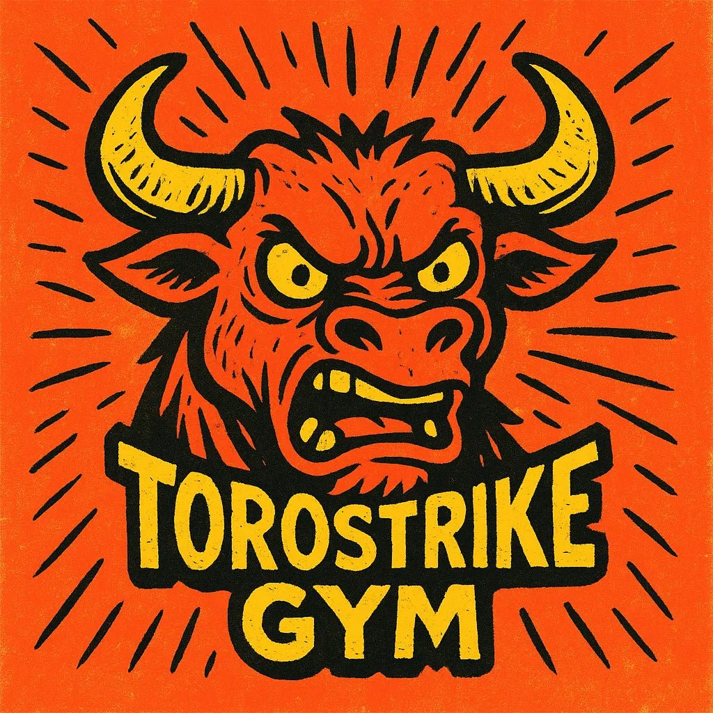 Example output from the Quirky Punk Mascot Emblem Logo ChatGPT prompt: neon-punk logo designs with cartoon mascots. ToroStrike Gym.