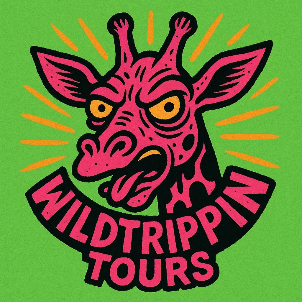 Example output from the Quirky Punk Mascot Emblem Logo ChatGPT prompt: neon-punk logo designs with cartoon mascots. WildTrippin Tours.