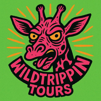 Example output from the Quirky Punk Mascot Emblem Logo ChatGPT prompt: neon-punk logo designs with cartoon mascots. WildTrippin Tours.
