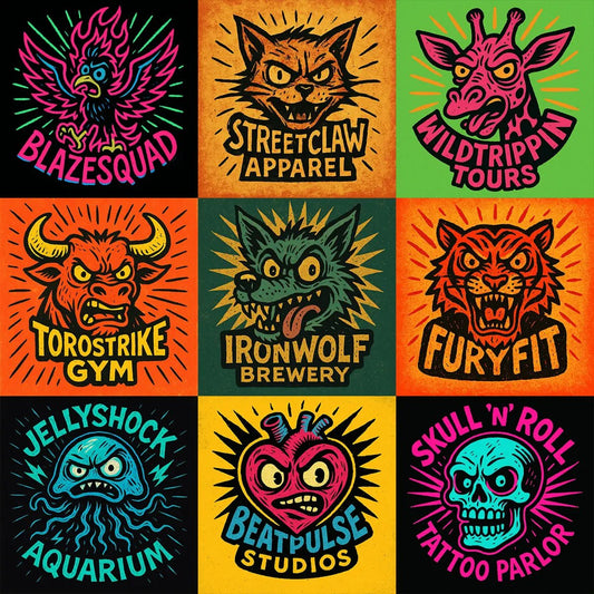 Example output from the Quirky Punk Mascot Emblem Logo ChatGPT prompt: neon-punk logo designs with cartoon mascots, three-color schemes, thick black outlines, dramatic frontal lighting, and grunge texture—ideal for bold brand identities.