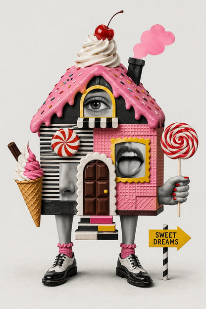 Example output from the Quirky Surreal Collage Illustrations ChatGPT prompt: a candy house surreal collage with handcrafted cut-out layering, grayscale base and selective color accents.