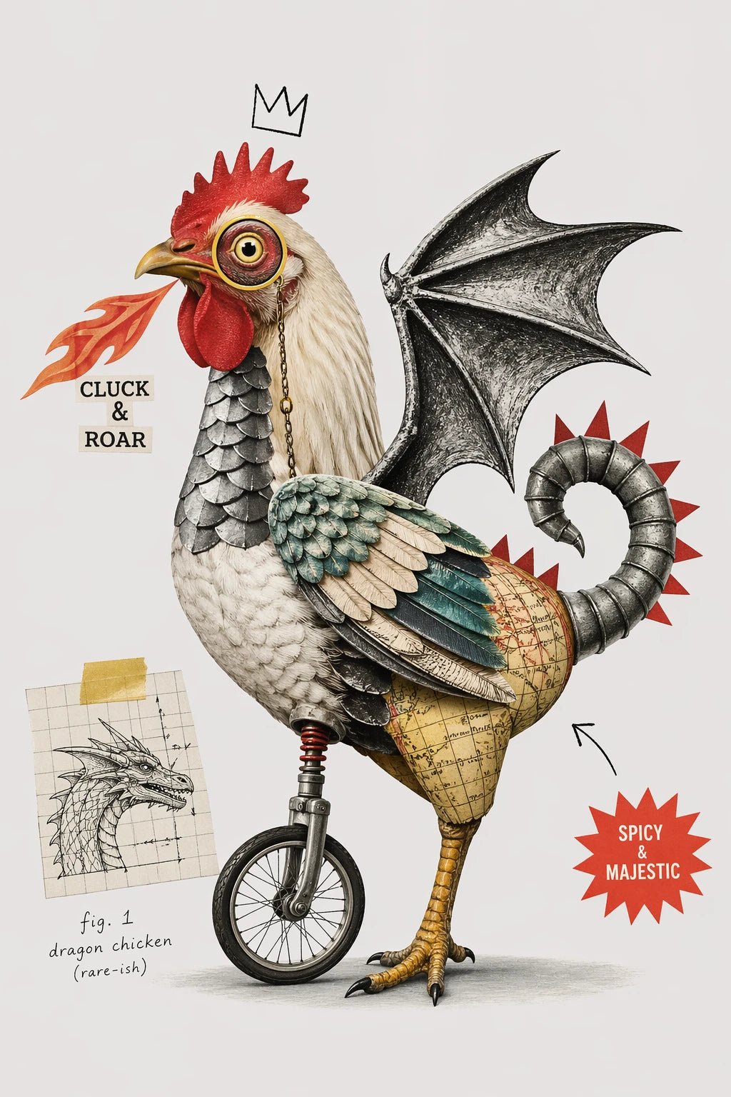Example output from the Quirky Surreal Collage Illustrations ChatGPT prompt: a chicken dragon surreal collage with handcrafted cut-out layering, grayscale base and selective color accents.