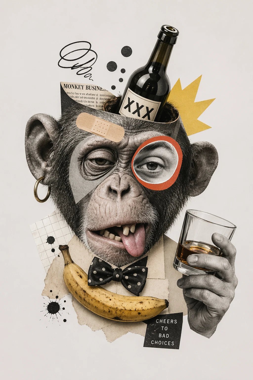 Example output from the Quirky Surreal Collage Illustrations ChatGPT prompt: a surreal collage of a monkey in a monocle and bow tie with a bottle balanced on its head.