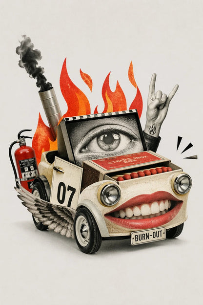 Example output from the Quirky Surreal Collage Illustrations ChatGPT prompt: a surreal collage of a vintage car on fire with a giant eye and grinning mouth for a face.