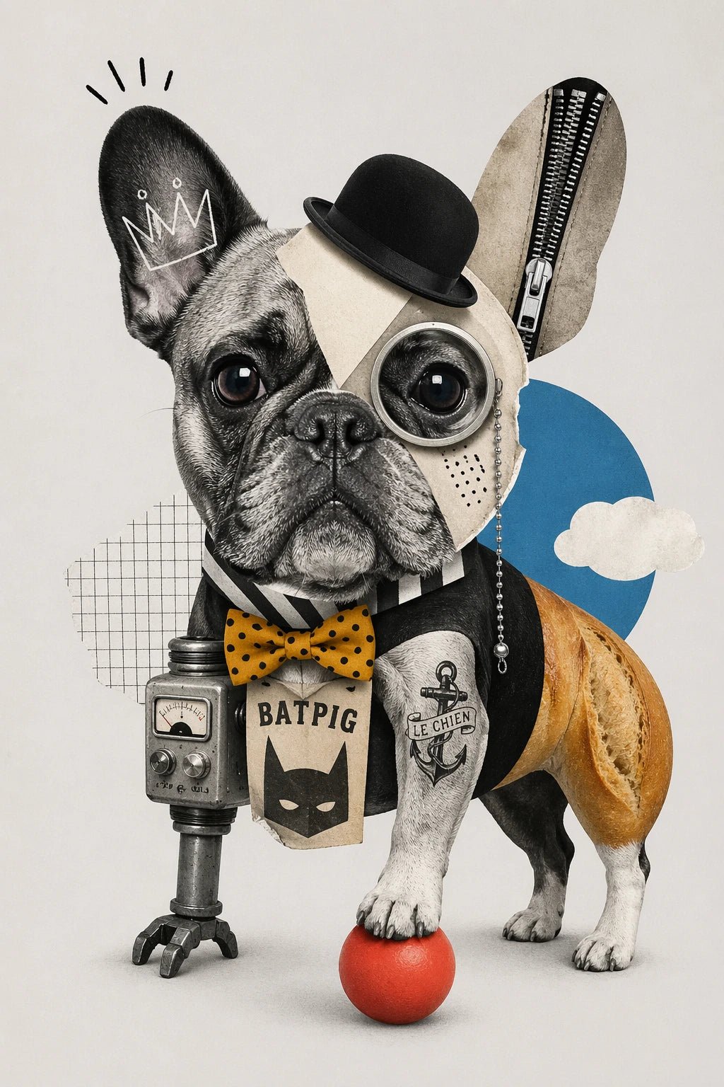 Example output from the Quirky Surreal Collage Illustrations ChatGPT prompt: a surreal collage of a French bulldog in a bowler hat and bow tie with a mechanical leg and a red ball.