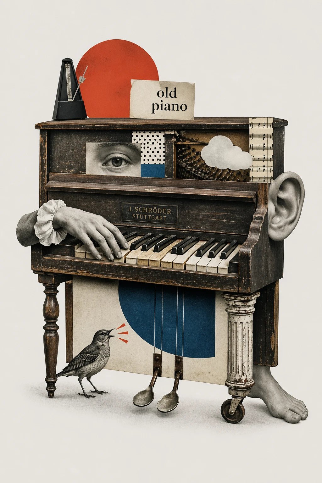 Example output from the Quirky Surreal Collage Illustrations ChatGPT prompt: an old piano surreal collage with handcrafted cut-out layering, grayscale base and selective color accents.