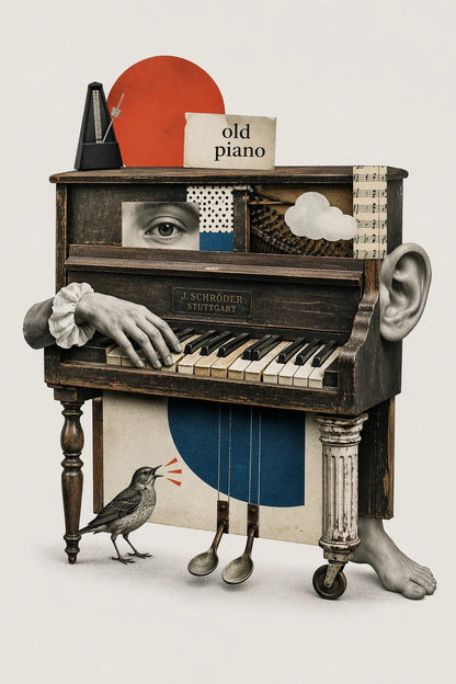 Example output from the Quirky Surreal Collage Illustrations ChatGPT prompt: an old piano surreal collage with handcrafted cut-out layering, grayscale base and selective color accents.
