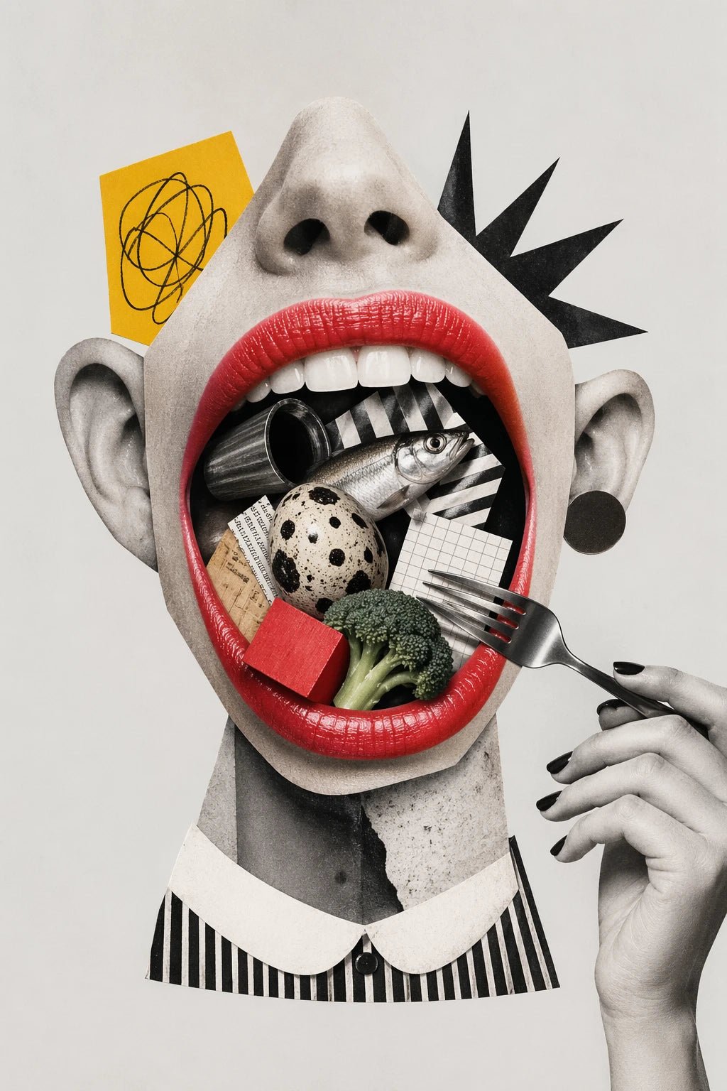 Example output from the Quirky Surreal Collage Illustrations ChatGPT prompt: a surreal collage of a wide open mouth filled with cutlery and food fragments in grayscale with red accents.