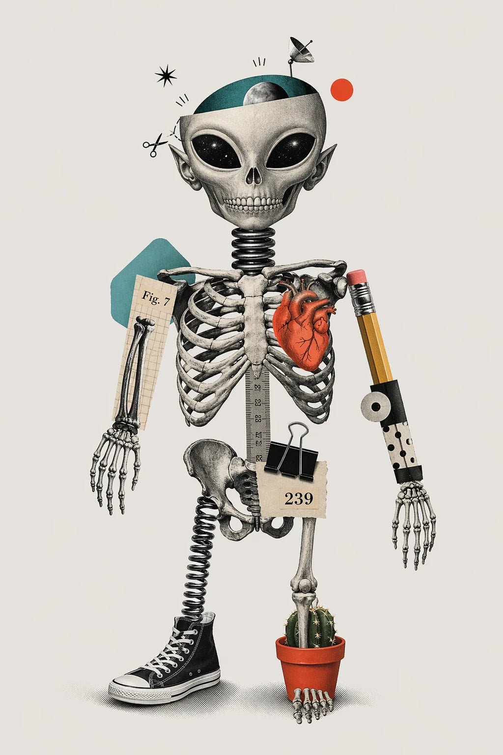 Example output from the Quirky Surreal Collage Illustrations ChatGPT prompt: a surreal collage of a skeleton with an alien head, an anatomical heart, a pencil arm and a potted cactus.
