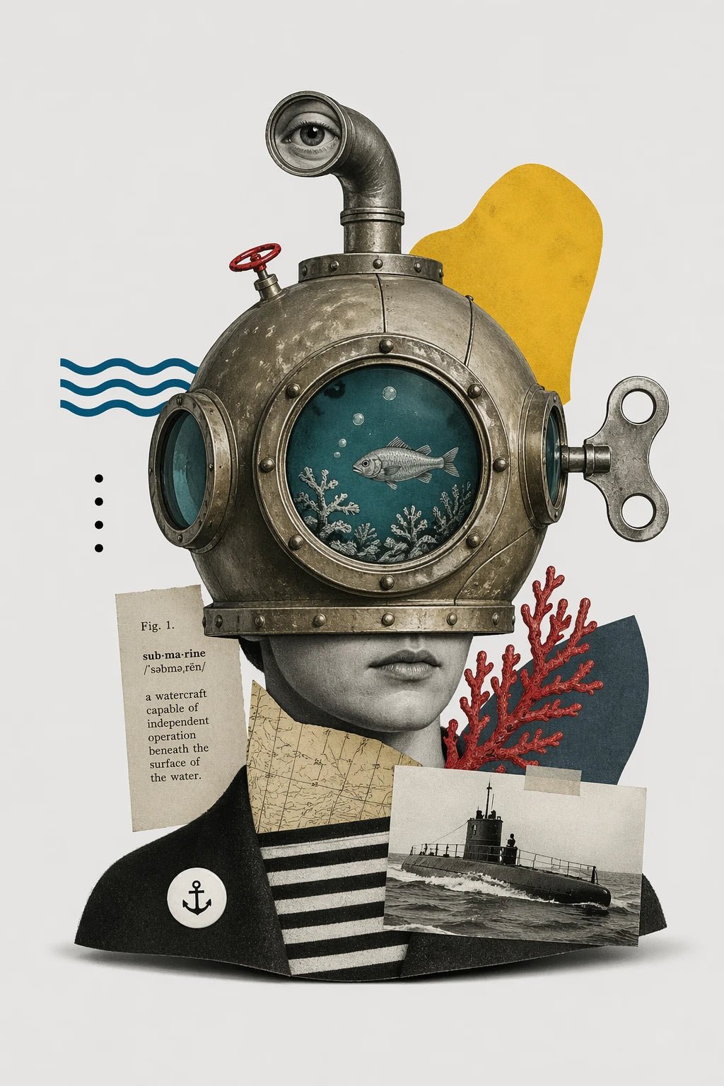 Example output from the Quirky Surreal Collage Illustrations ChatGPT prompt: a surreal collage of a figure whose head is a brass diving helmet containing a tiny underwater scene.
