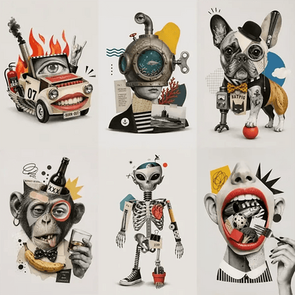 Example output from the Quirky Surreal Collage Illustrations ChatGPT prompt: a six-panel grid of surreal mixed-media collages in grayscale with color accents, showing a burning car with a mouth, a diving-helmet figure, a bulldog in a bowler hat, a monkey, a skeleton alien and an open mouth full of food.