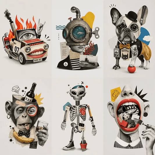Example output from the Quirky Surreal Collage Illustrations ChatGPT prompt: a six-panel grid of surreal mixed-media collages in grayscale with color accents, showing a burning car with a mouth, a diving-helmet figure, a bulldog in a bowler hat, a monkey, a skeleton alien and an open mouth full of food.