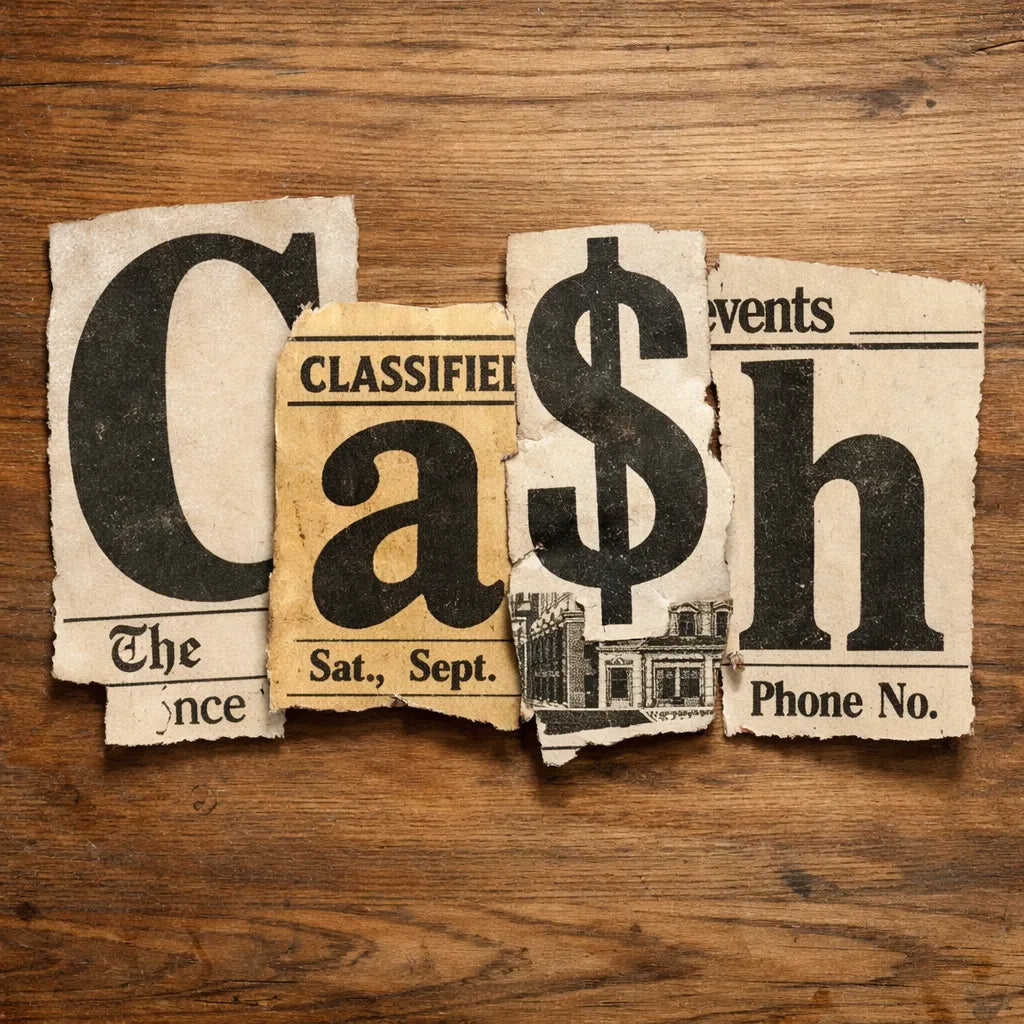 Handmade ransom note typography created from cut-out newspaper and magazine letters arranged on a textured wooden background: Cash