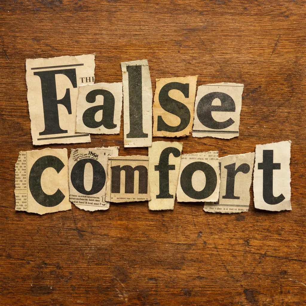 Handmade ransom note typography created from cut-out newspaper and magazine letters arranged on a textured wooden background: False comfort