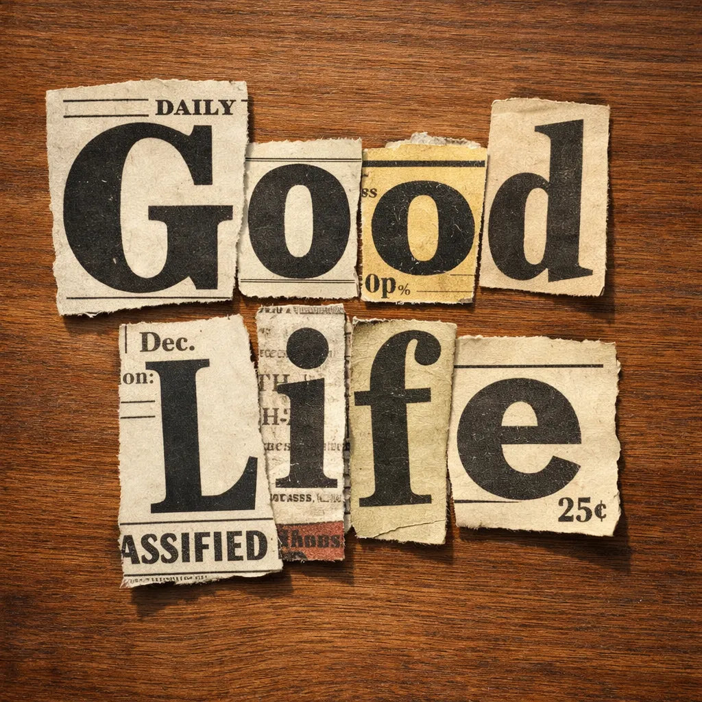 Handmade ransom note typography created from cut-out newspaper and magazine letters arranged on a textured wooden background: Good Life