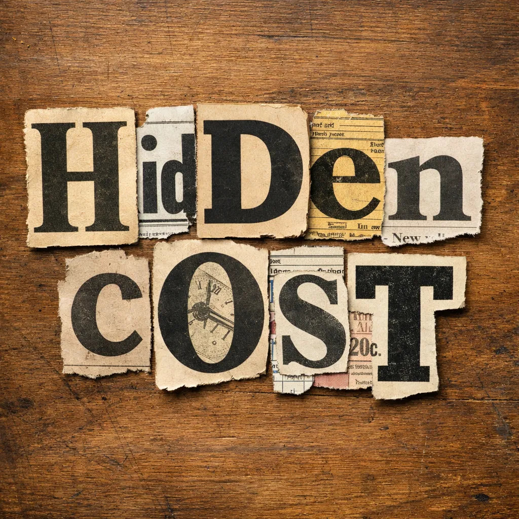 Handmade ransom note typography created from cut-out newspaper and magazine letters arranged on a textured wooden background: Hidden Cost