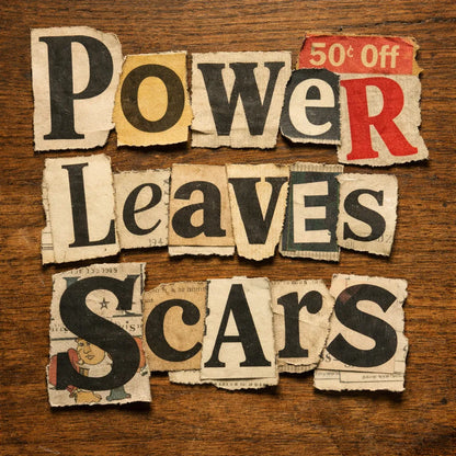Handmade ransom note typography created from cut-out newspaper and magazine letters arranged on a textured wooden background: Power leaves Scars