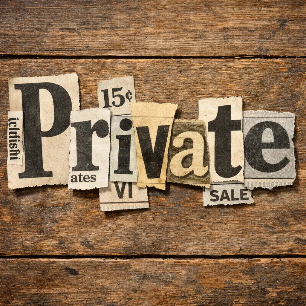 Handmade ransom note typography created from cut-out newspaper and magazine letters arranged on a textured wooden background: Private