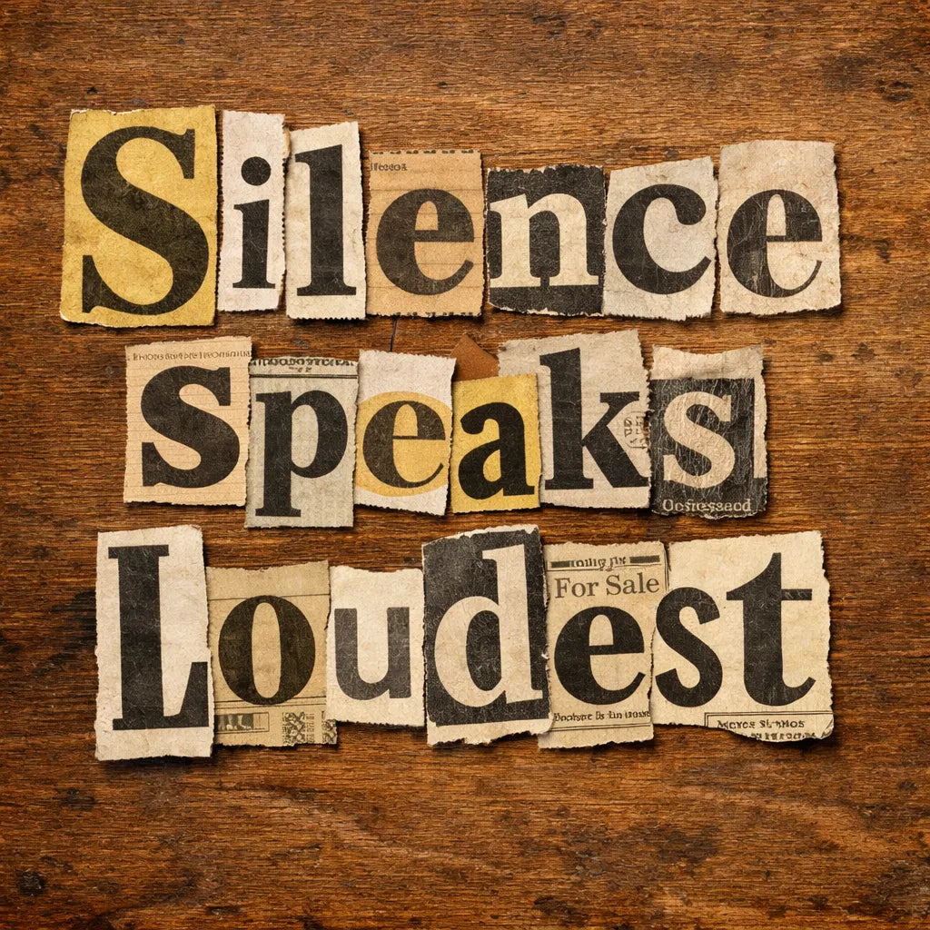 Handmade ransom note typography created from cut-out newspaper and magazine letters arranged on a textured wooden background: Silence speaks Loudest
