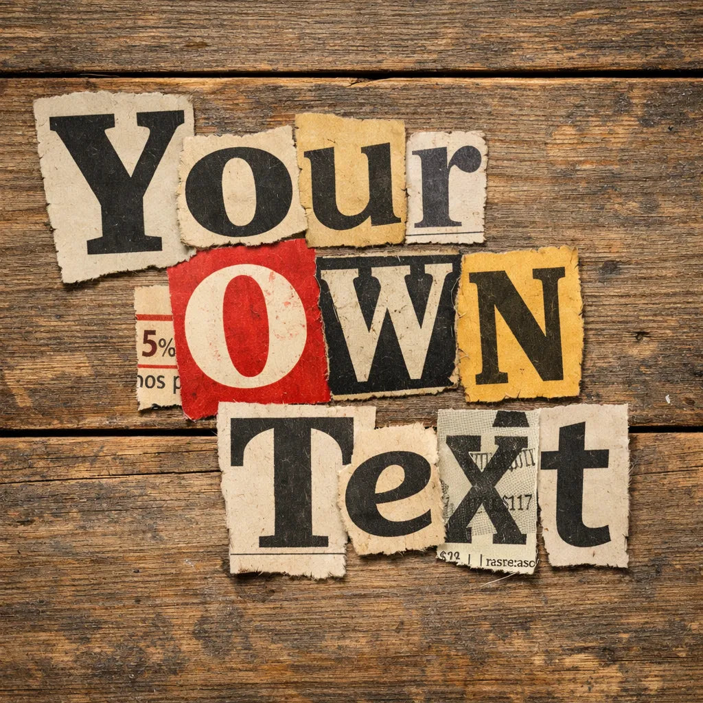 Handmade ransom note typography created from cut-out newspaper and magazine letters arranged on a textured wooden background: Your Own Text