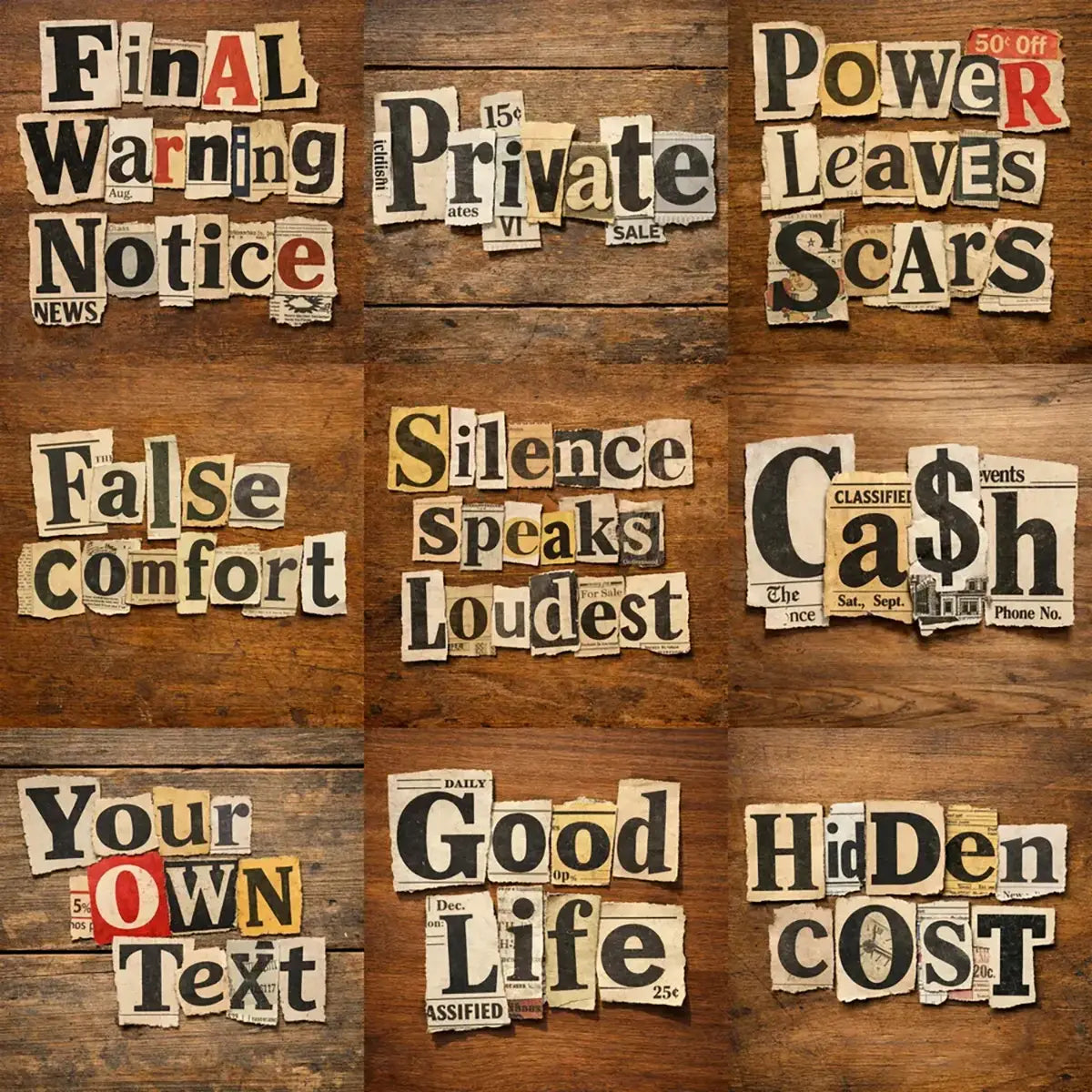 Handmade ransom note typography created from cut-out newspaper and magazine letters arranged on a textured wooden background.