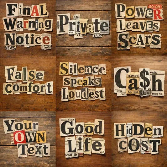 Handmade ransom note typography created from cut-out newspaper and magazine letters arranged on a textured wooden background.