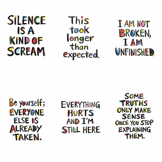 Example output from the Raw Art Brut Typography Poster ChatGPT prompt: six expressive quote posters featuring hand-drawn, imperfect lettering in colorful crayon-like textures on clean white backgrounds, conveying raw emotional statements.