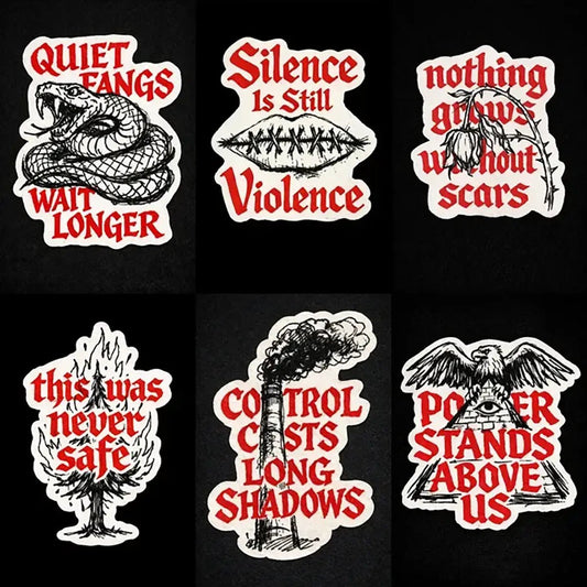 Example output from the Raw Gothic Quote Sticker ChatGPT prompt: six die-cut gothic quote stickers with rough hand-inked illustrations, distressed red lettering, and bold black backgrounds, combining raw typography with dark symbolic imagery.