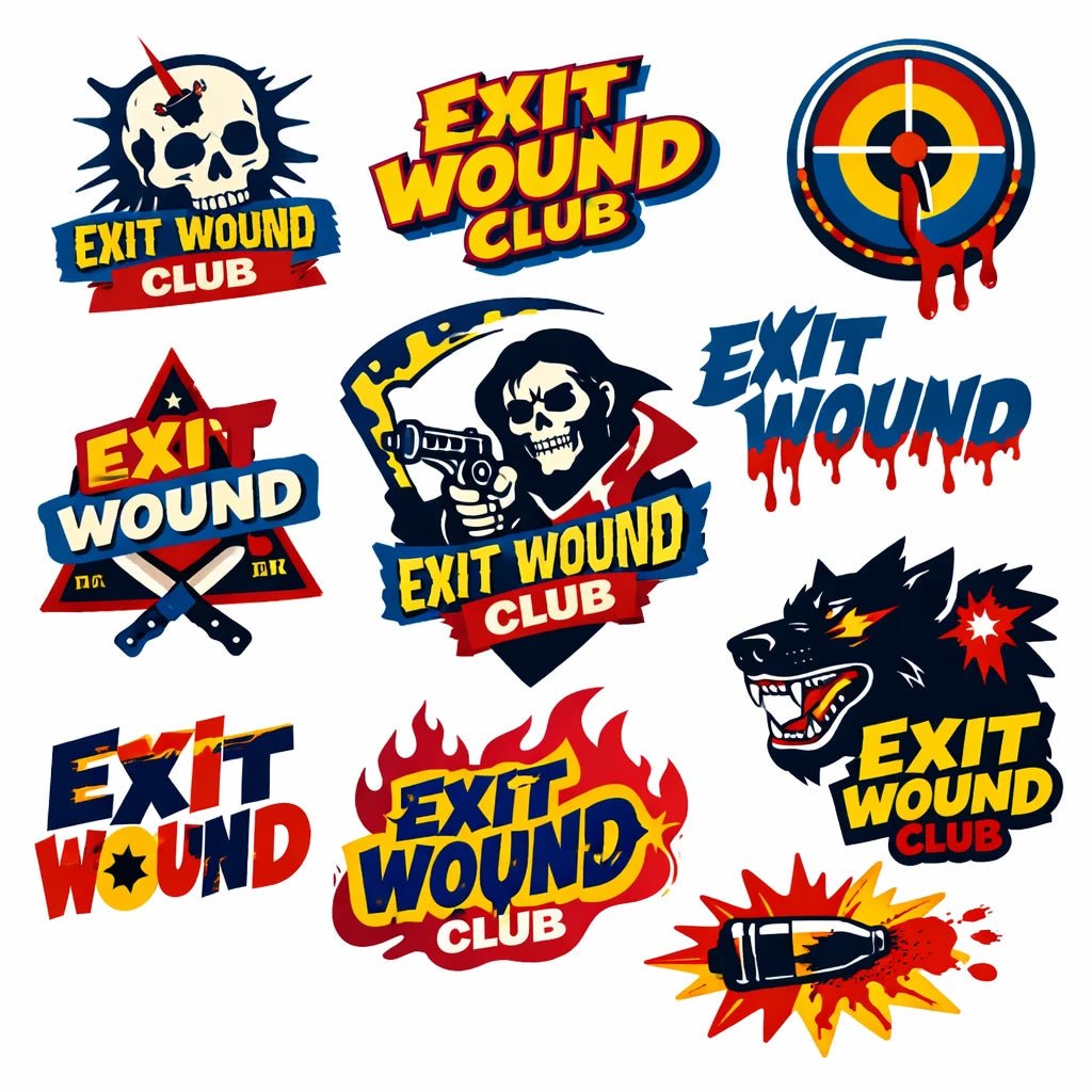 Raw illustrated logo concept featuring bold hand-drawn symbol, streetwear typography and underground branding style: Exit Wound Club