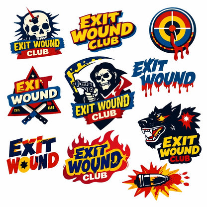 Raw illustrated logo concept featuring bold hand-drawn symbol, streetwear typography and underground branding style: Exit Wound Club
