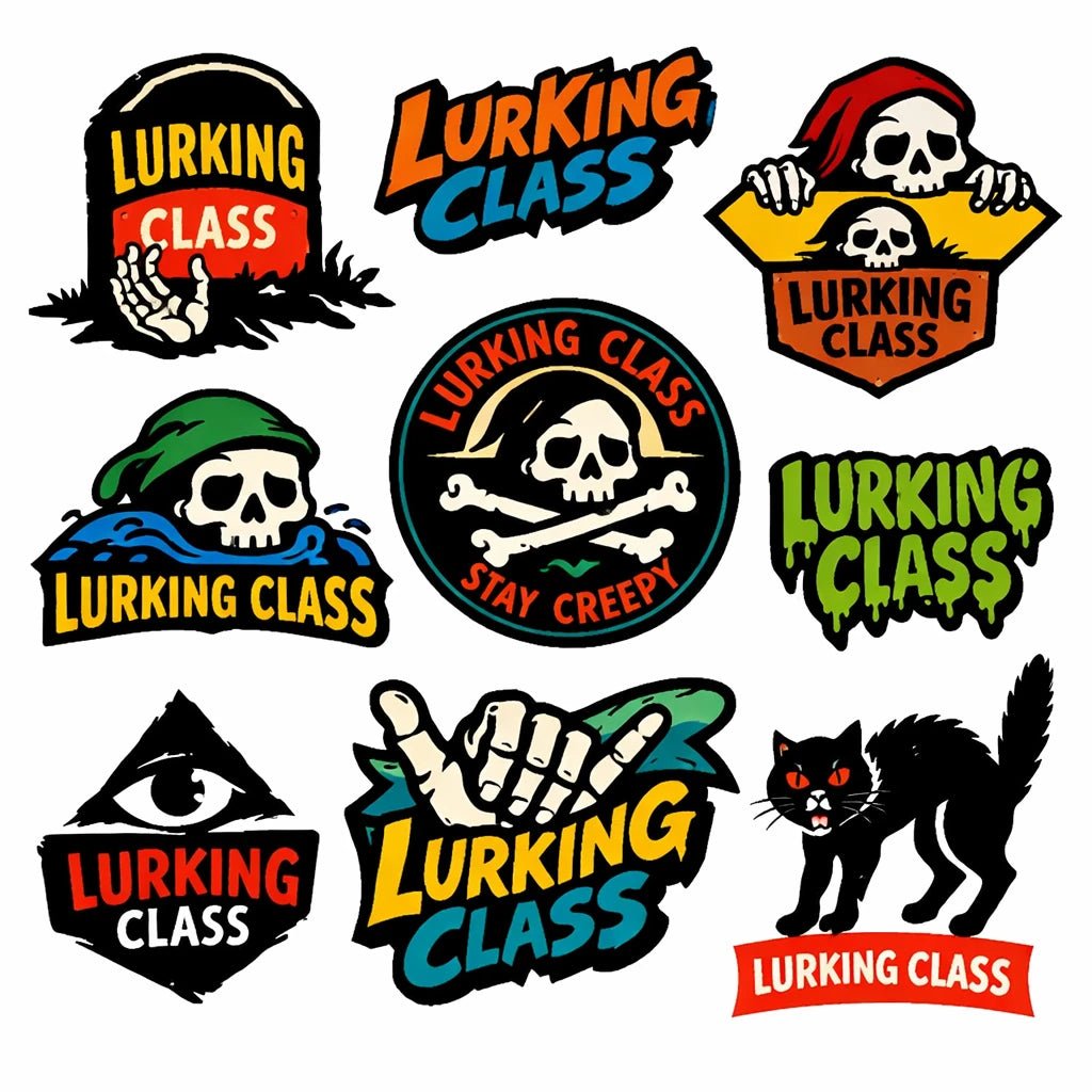Raw illustrated logo concept featuring bold hand-drawn symbol, streetwear typography and underground branding style: Lurking Class